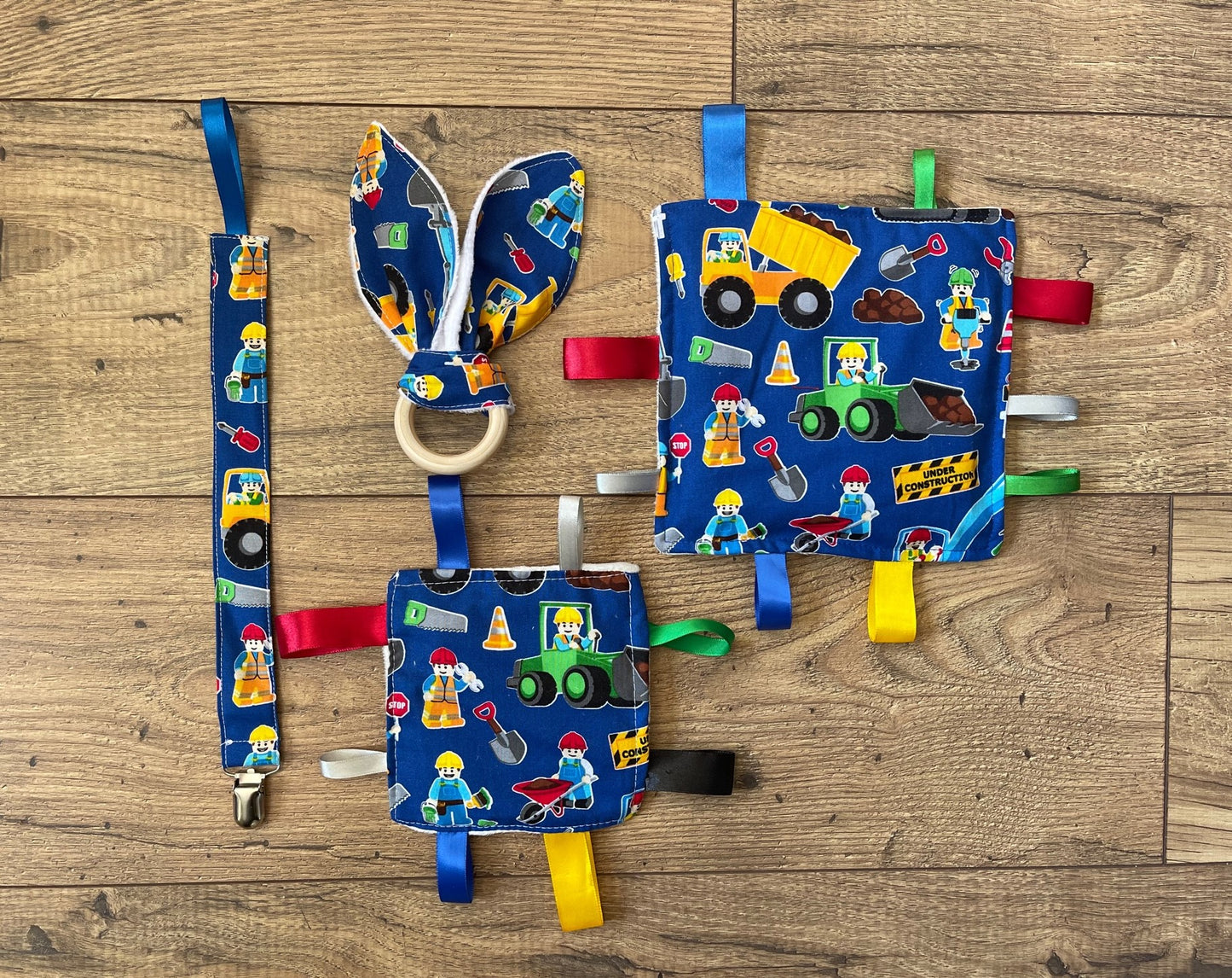 LEGO CONSTRUCTION WORKERS Baby Sensory Crinkle Toy with Ribbons, Pacifier Clip & Teether