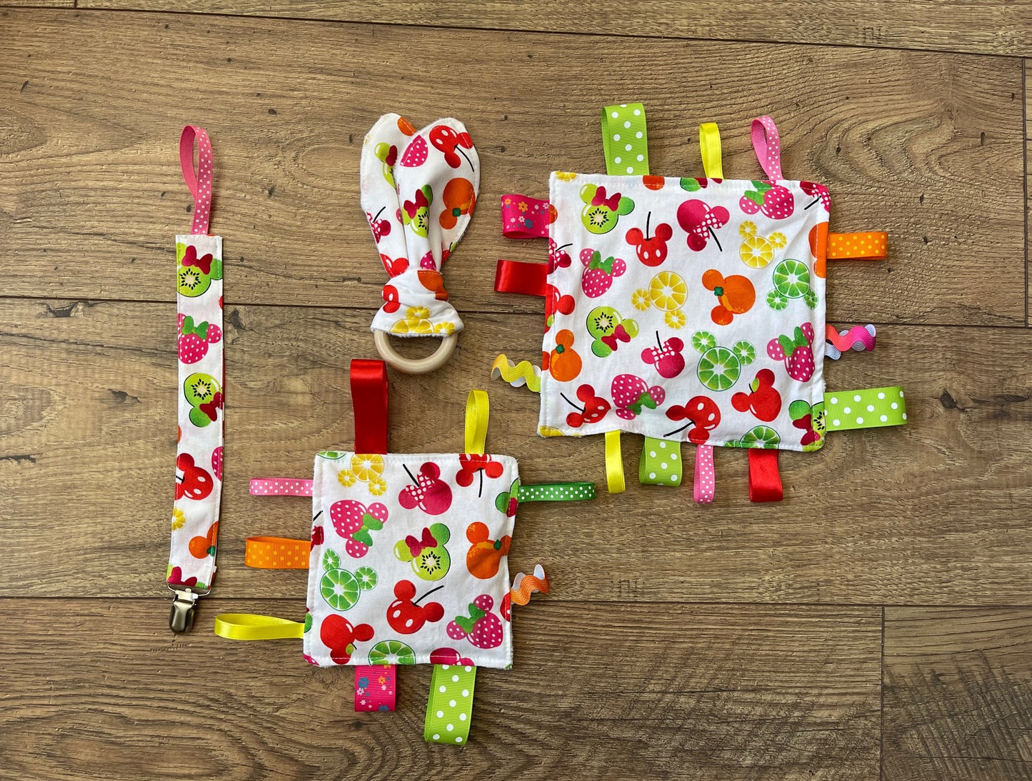 Mickey Minnie Ears Fruit Theme Baby Sensory Crinkle Toy with Ribbons, Pacifier Clip & Teether