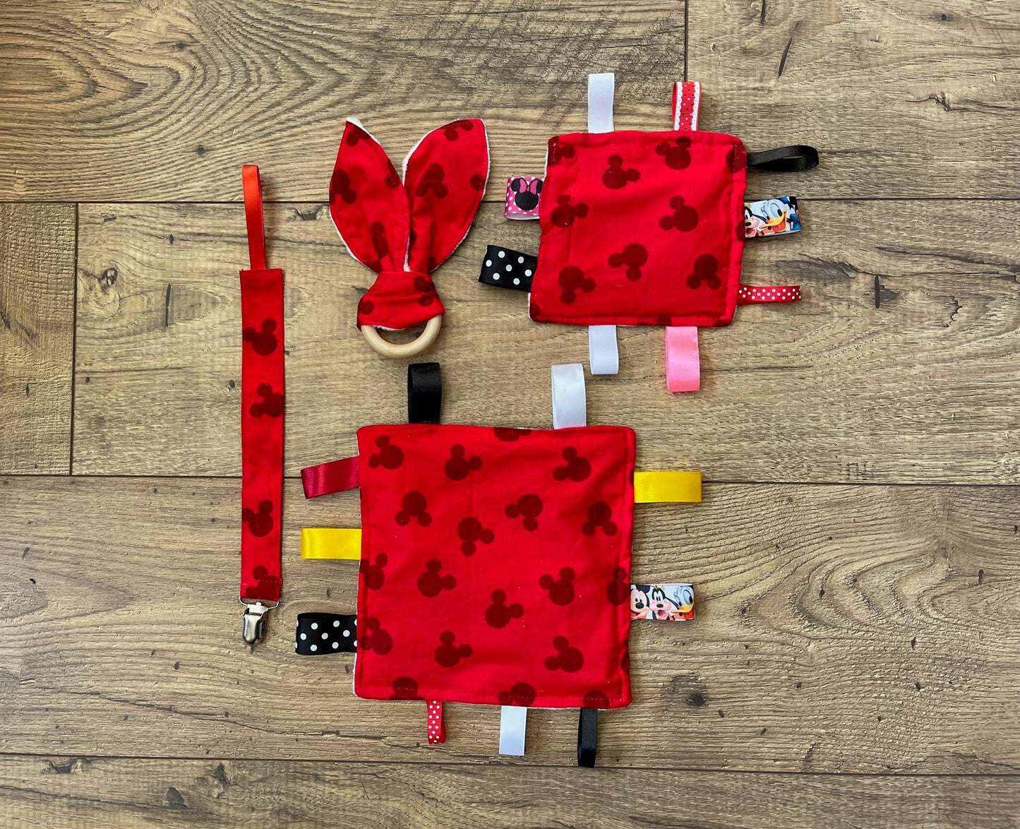 Red Mickey Ears Theme Baby Sensory Crinkle Toy with Ribbons, Pacifier Clip & Teether