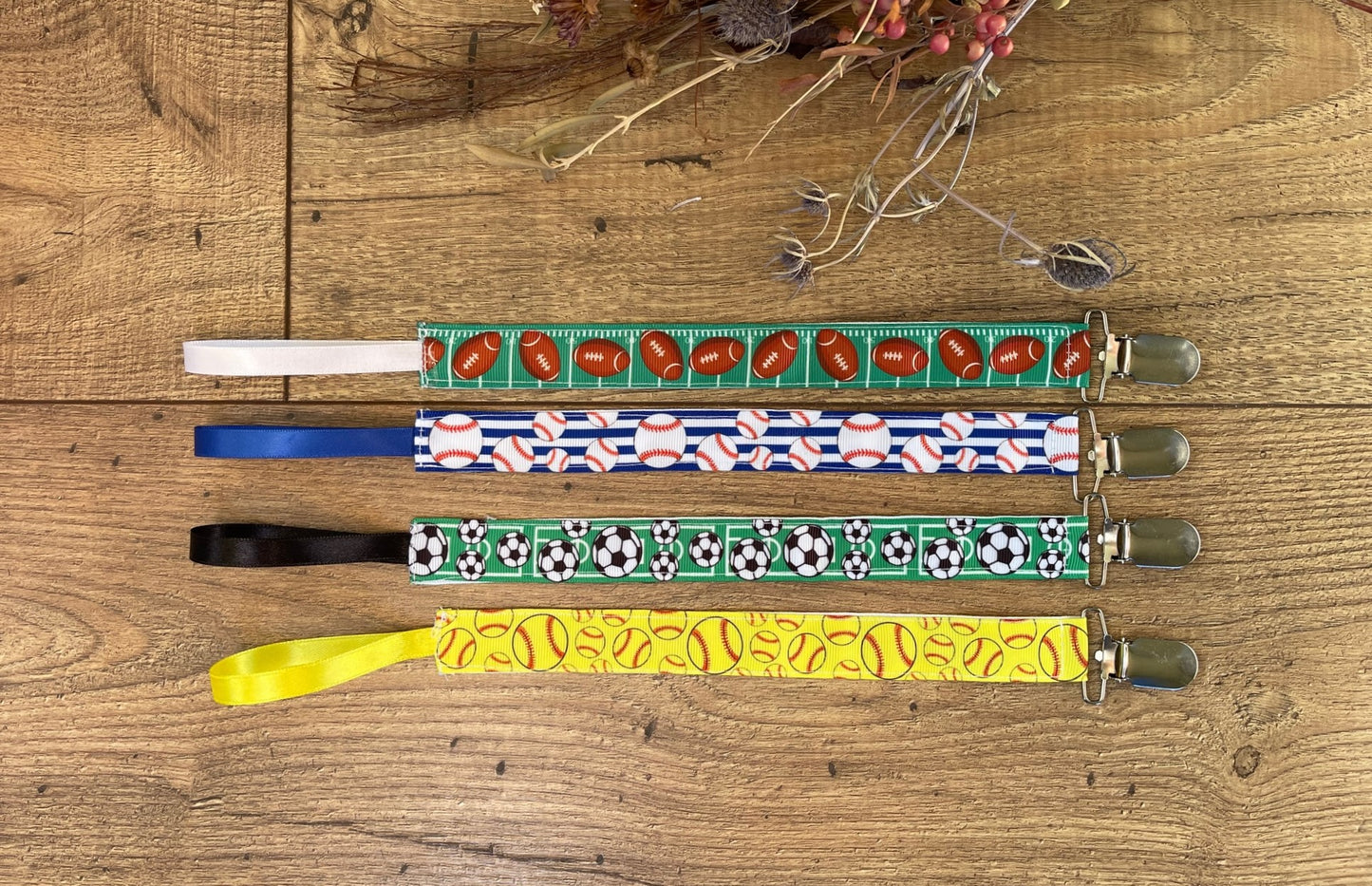 SPORTS Pacifier Clips Teether Toy Leash, Football, Baseball, Soccer & Softball