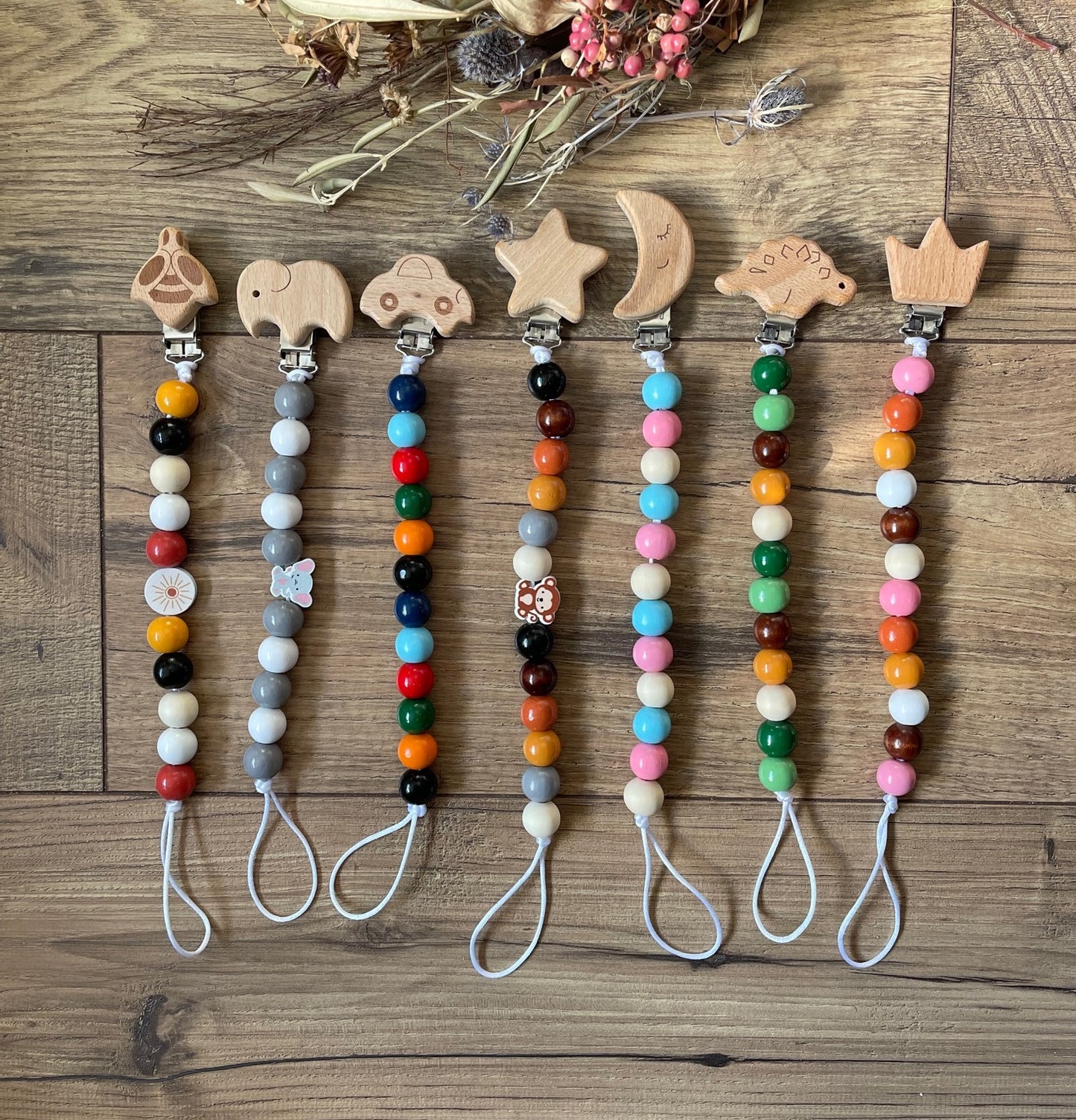 Wood Beaded Pacifier Clips Teether Toy Leash
