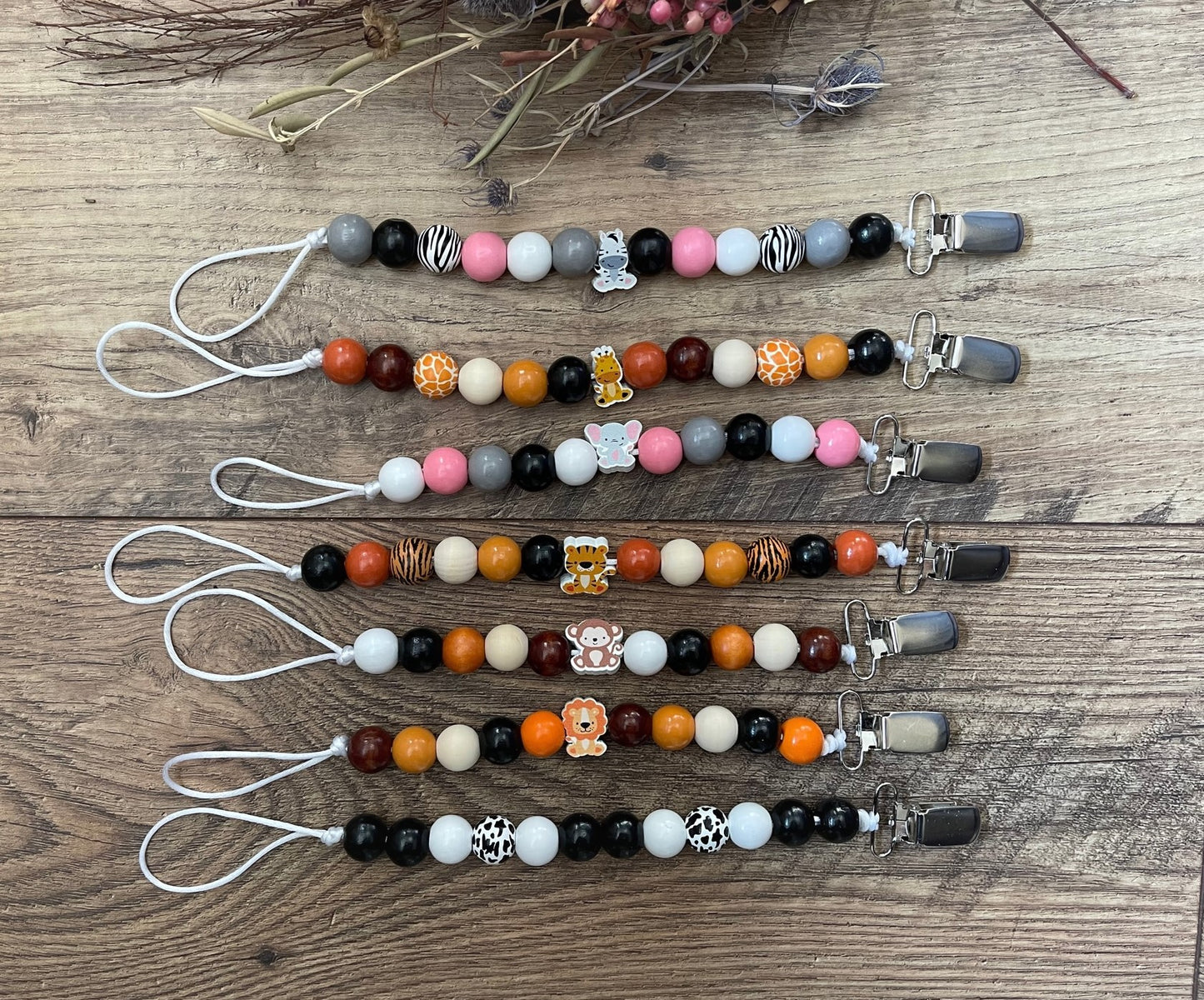 Wild Animals Wood Beaded Pacifier Clips Teether Toy Leash