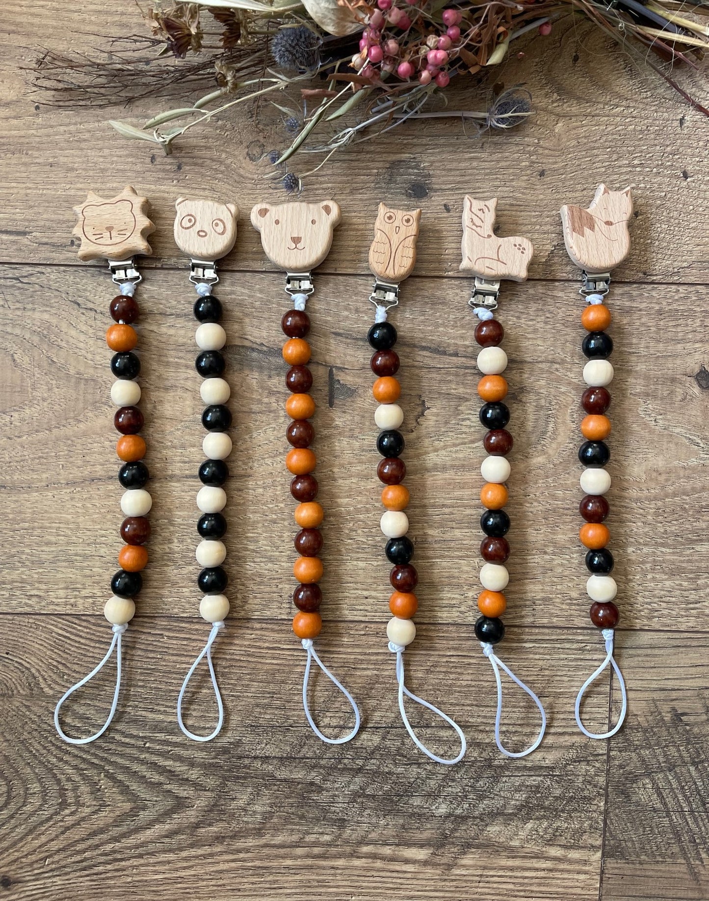 Wooden Wild Animals Beaded Pacifier Clips Teether Toy Leash