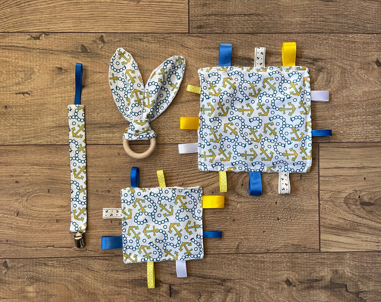 Nautical Anchors Baby Sensory Crinkle Toy with Ribbons, Pacifier Clip & Teether