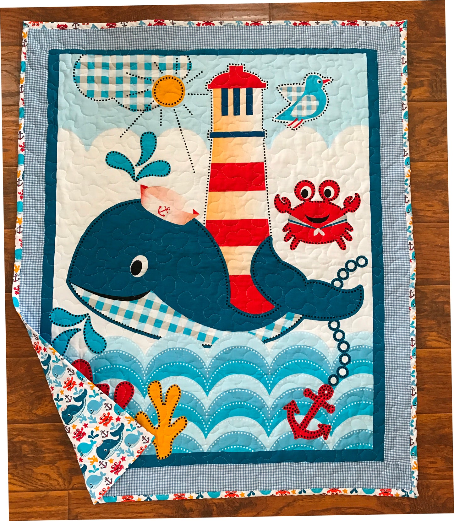 Nautical Whale of a Tale Baby Child Quilted Blanket Lighthouse, Whale, Sea Crab Nursery Bedding