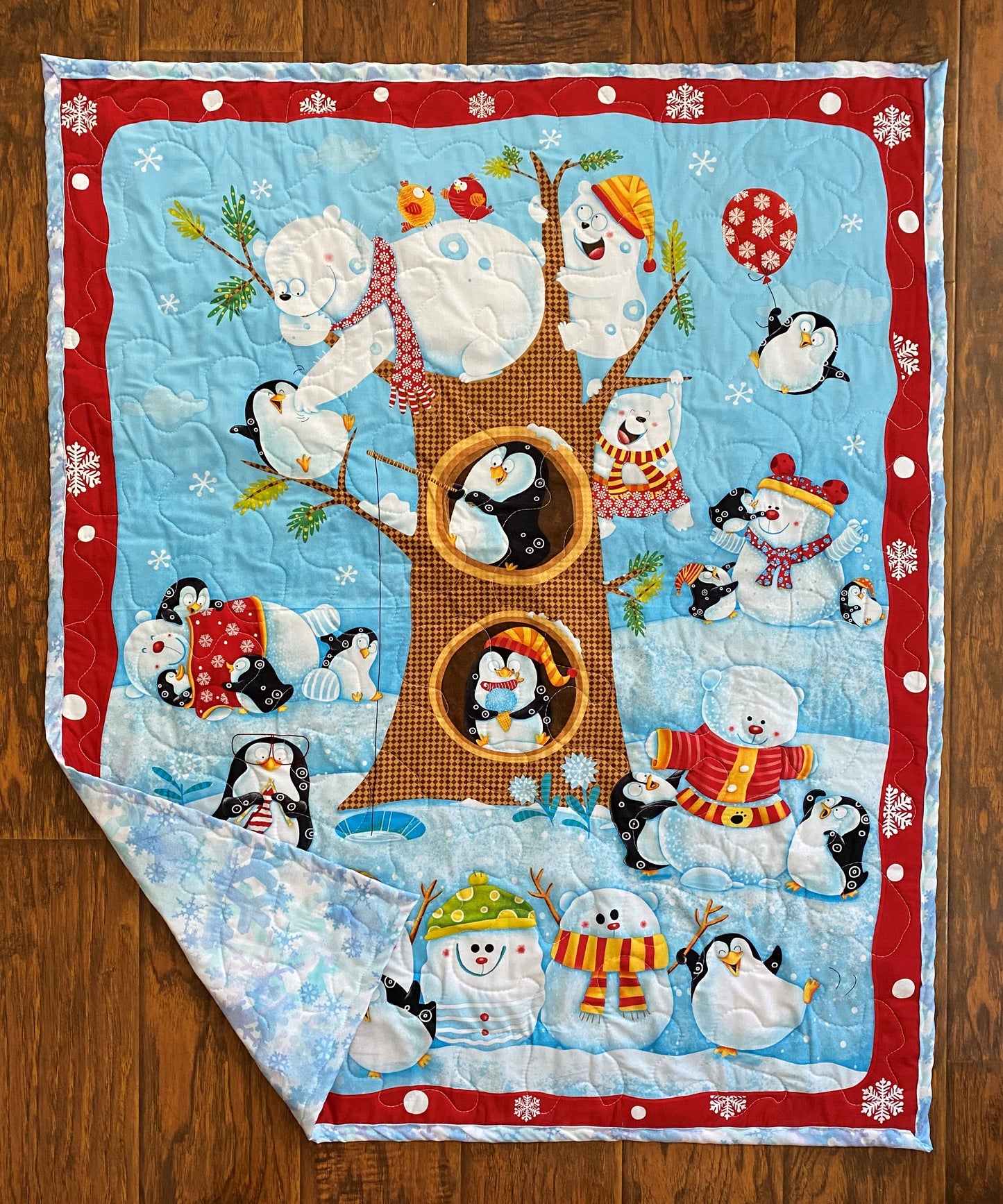 Winter Nature Snow Fun Quilted Blanket Polar Bear, Penguins, Snowman Snowflakes