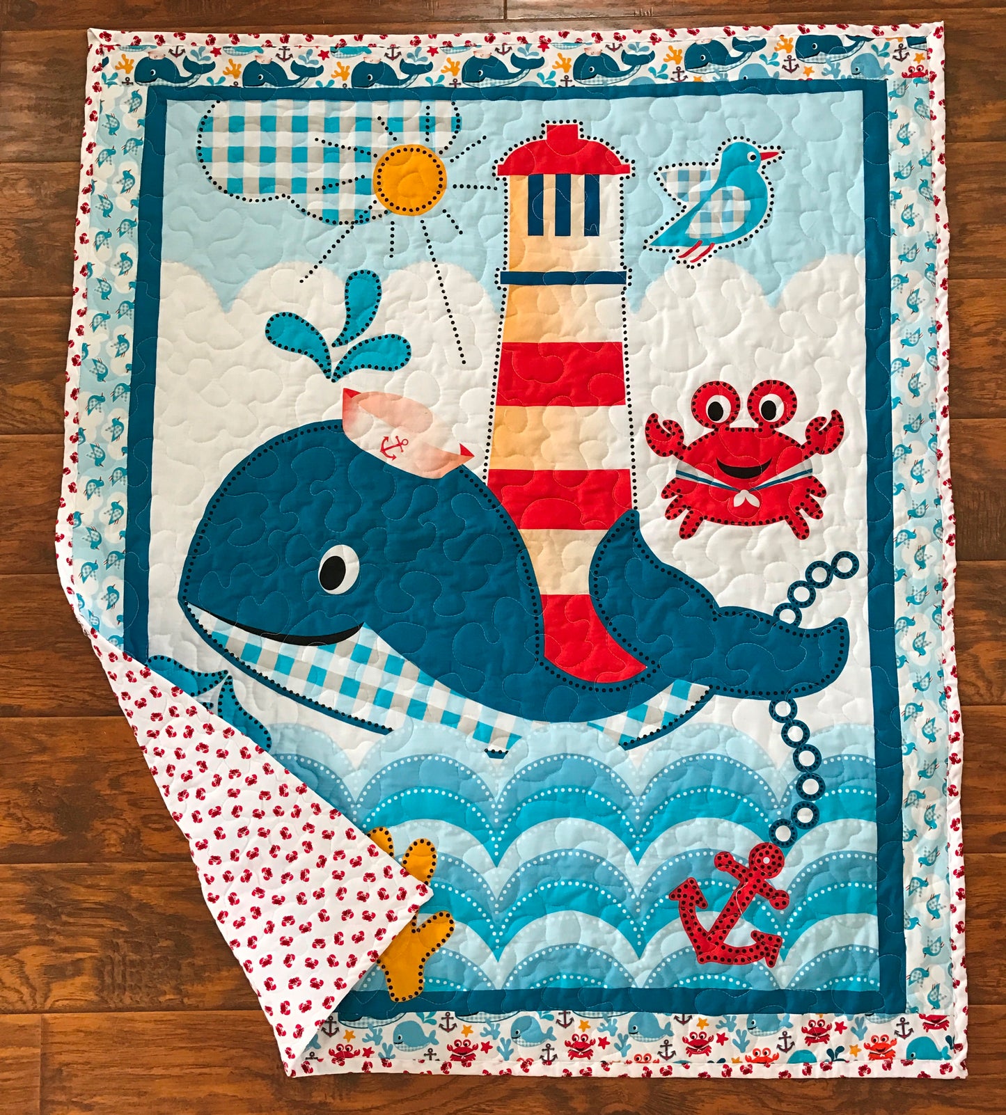 Nautical Whale of a Tale Baby Child Quilted Blanket Lighthouse, Whale, Sea Crab Nursery Bedding