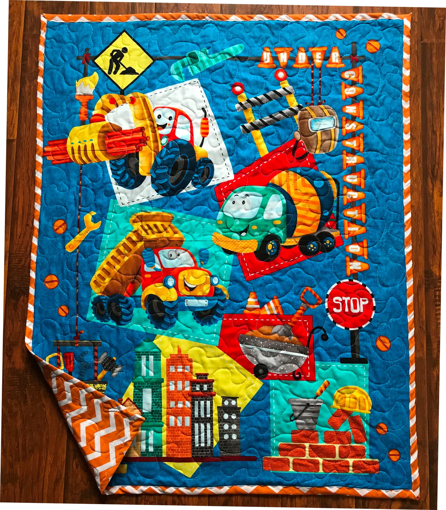 BOYS Under Construction Stop, Bulldozer, Mixer, Dump Truck Quilted Blanket