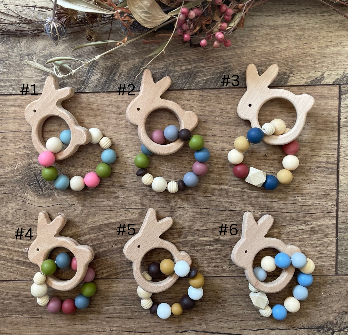 Baby Teethers Sensory Bunny Rabbits Wooden Characters Silicone Beads