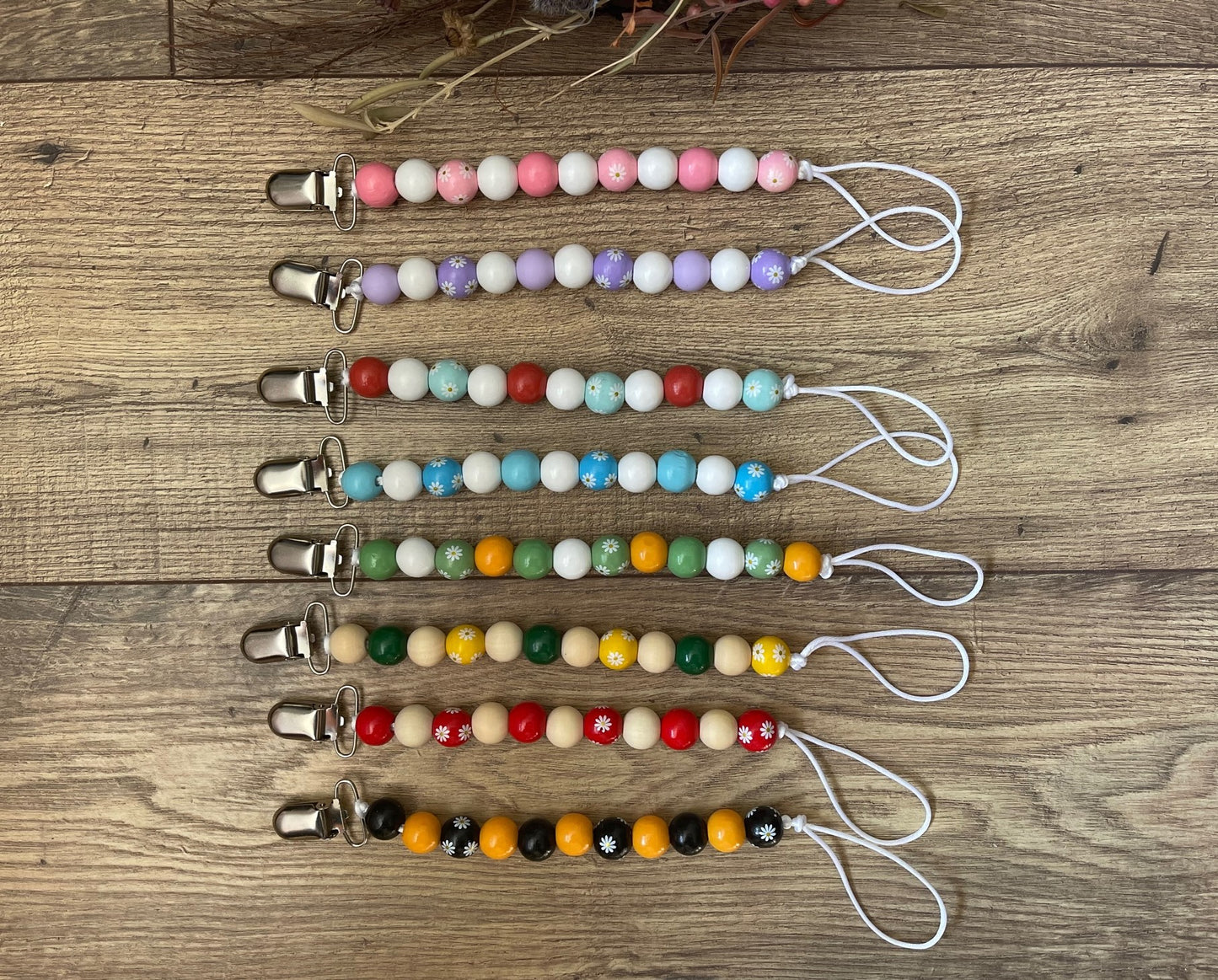 Daisy Flowers Wooden Beaded Pacifier Clips Teether Toy Leash