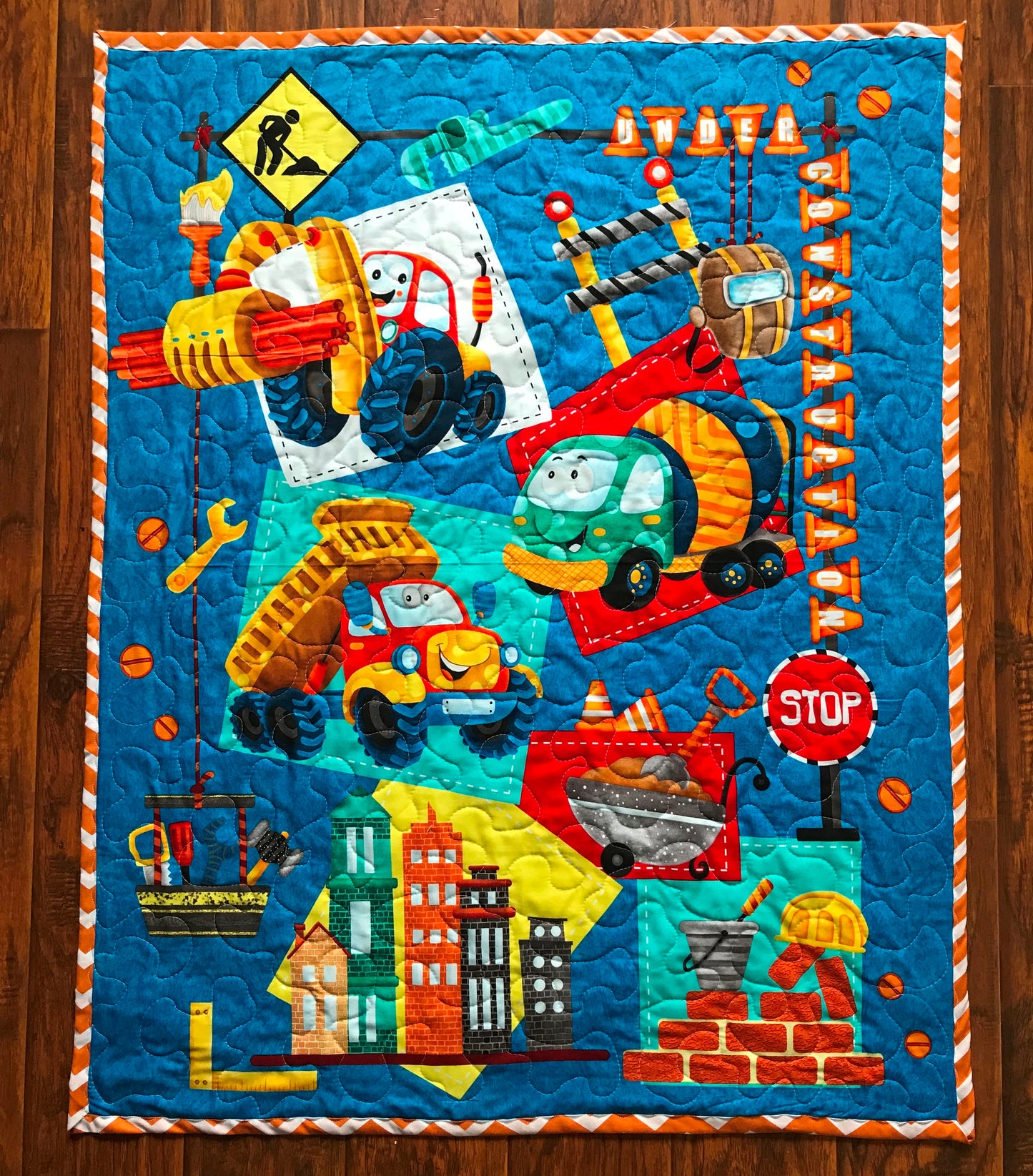 BOYS Under Construction Stop, Bulldozer, Mixer, Dump Truck Quilted Blanket