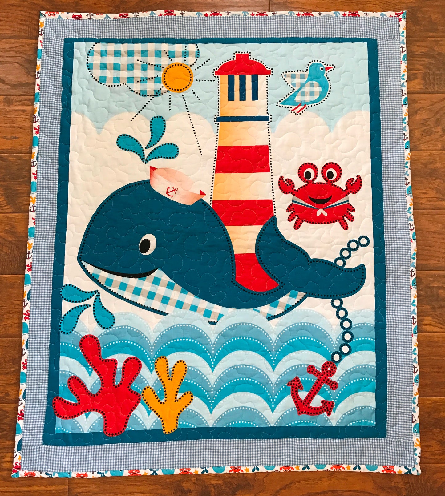 Nautical Whale of a Tale Baby Child Quilted Blanket Lighthouse, Whale, Sea Crab Nursery Bedding