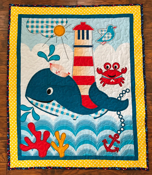 Nautical Whale of a Tale Baby Child Quilted Blanket Lighthouse, Whale, Sea Crab Nursery Bedding