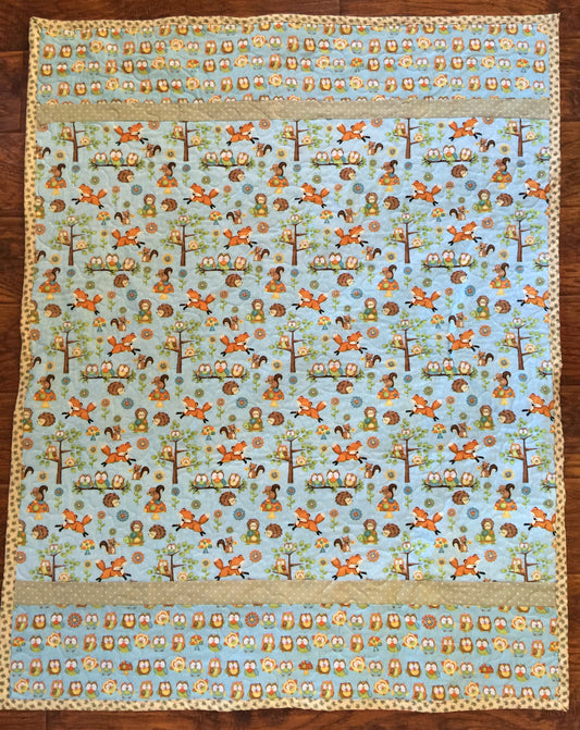 NATURE OWLS FOX SQUIRRELS PORCUPINES Green, Orange Quilted Blanket Nursery Child Toddler Bedding to Adult Lap Blanket