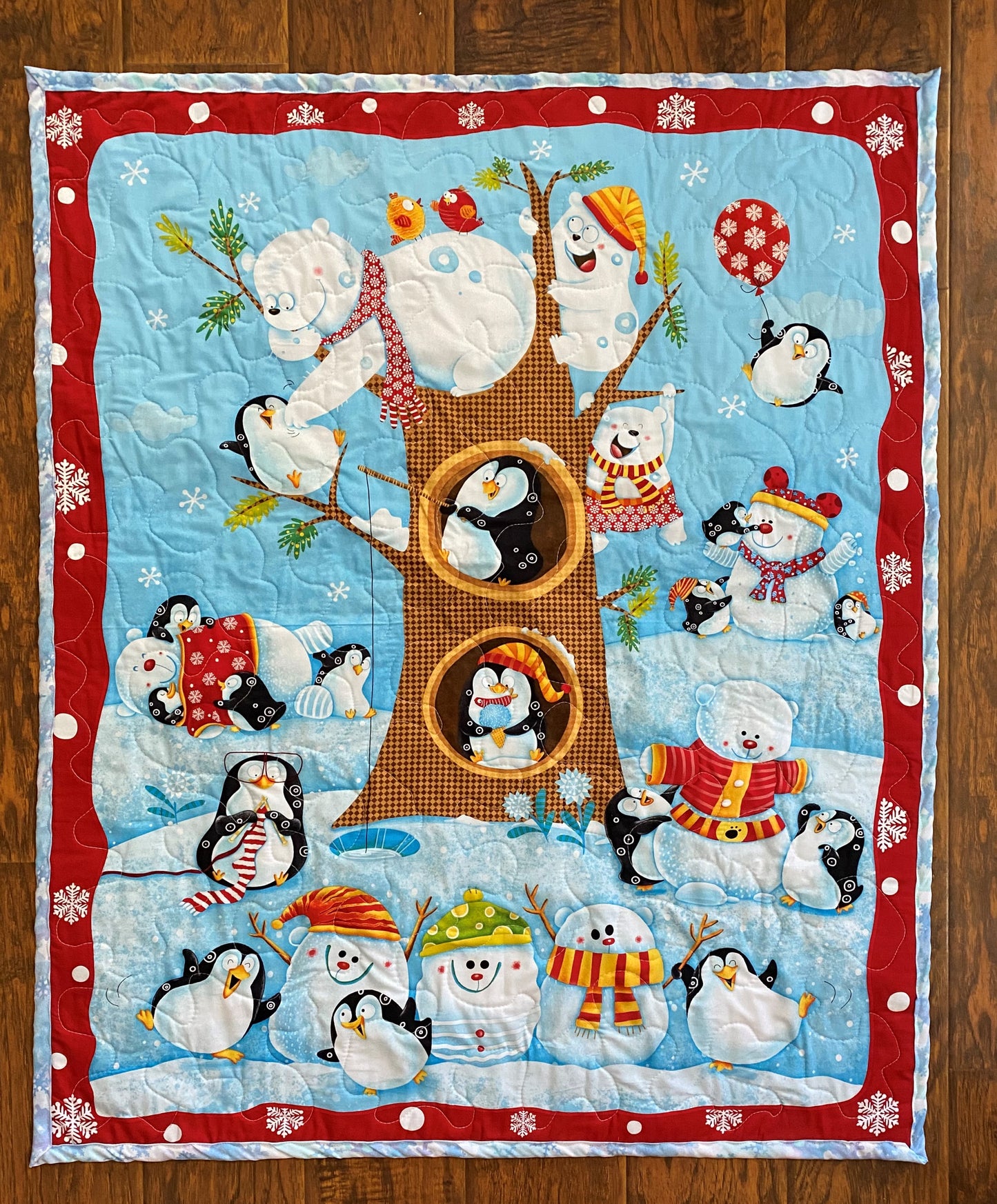 Winter Nature Snow Fun Baby Child Quilted Blanket Polar Bear, Penguins, Snowman Snowflakes Baby Nursery Gender Neutral Bedding