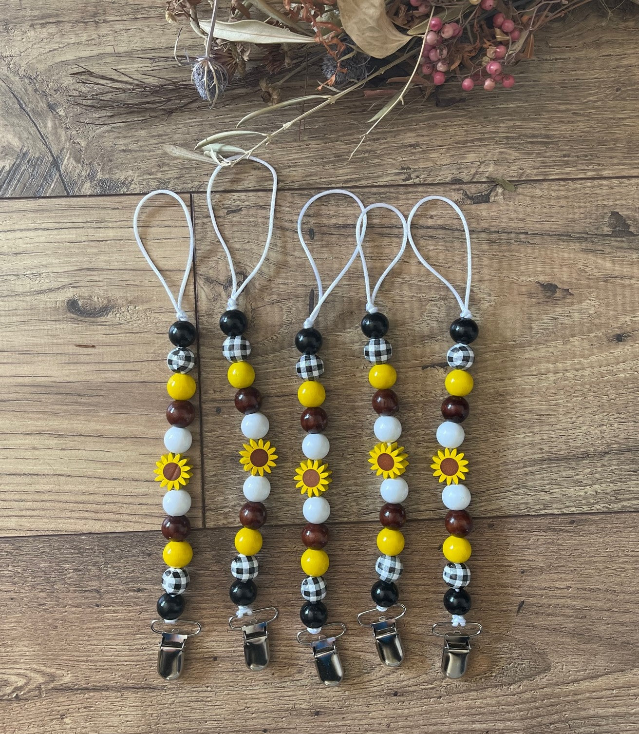 Sunflower Wooden Beaded Pacifier Clips Teether Toy Leash