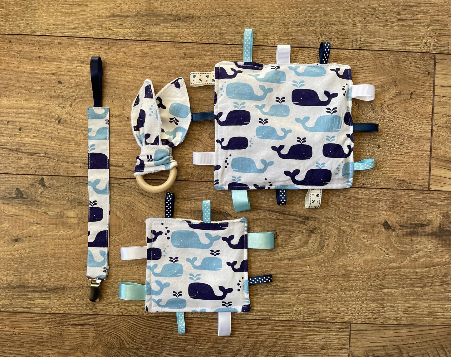 Nautical Whales Baby Sensory Crinkle Toy with Ribbons, Pacifier Clip & Teether