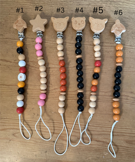 Wooden BEE STAR CAT PANDA Beaded Pacifier Clips Teether Toy Leash