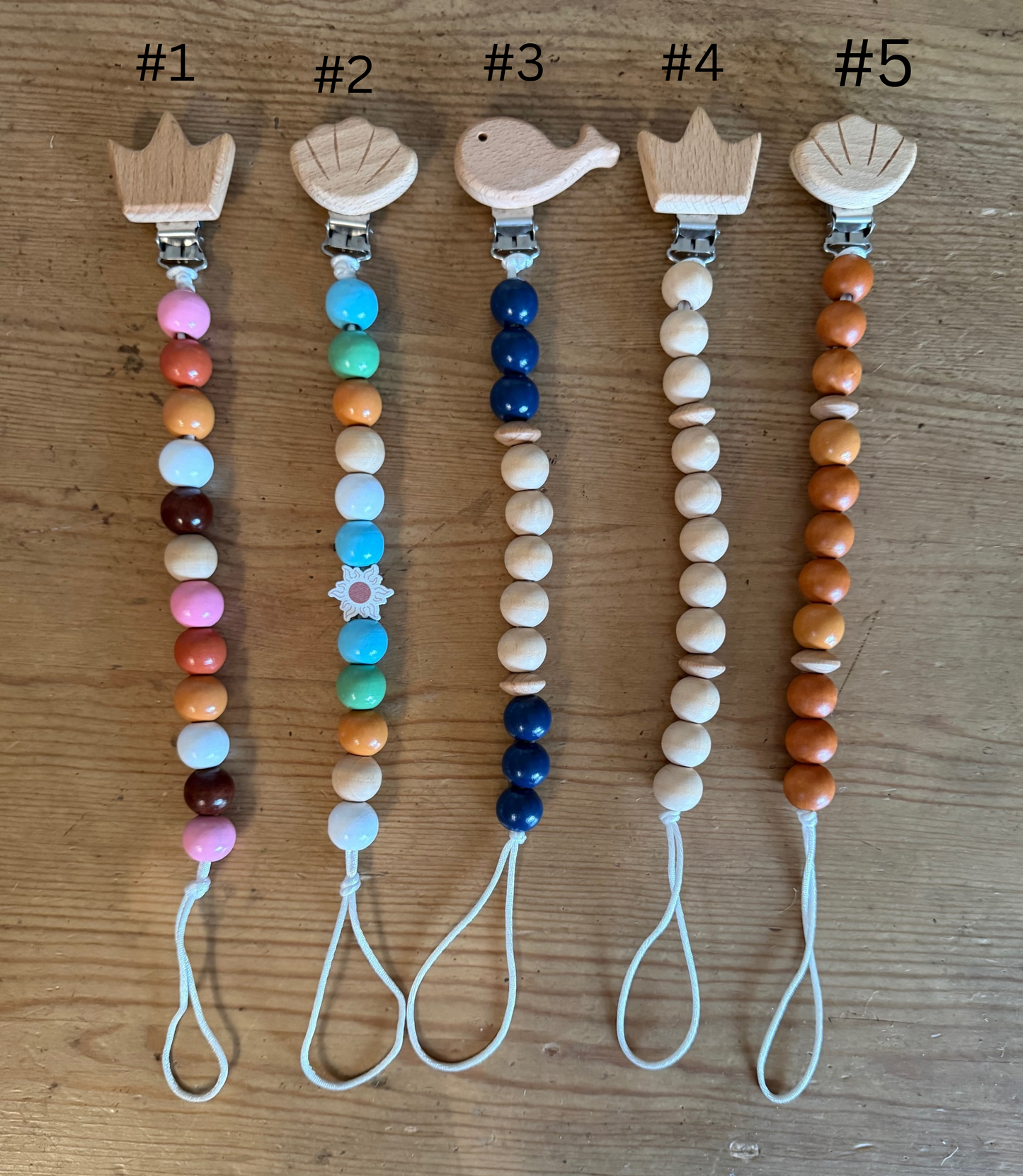 CROWN, SHELL, WHALE Wood Beaded Pacifier Clips Teether Toy Leash