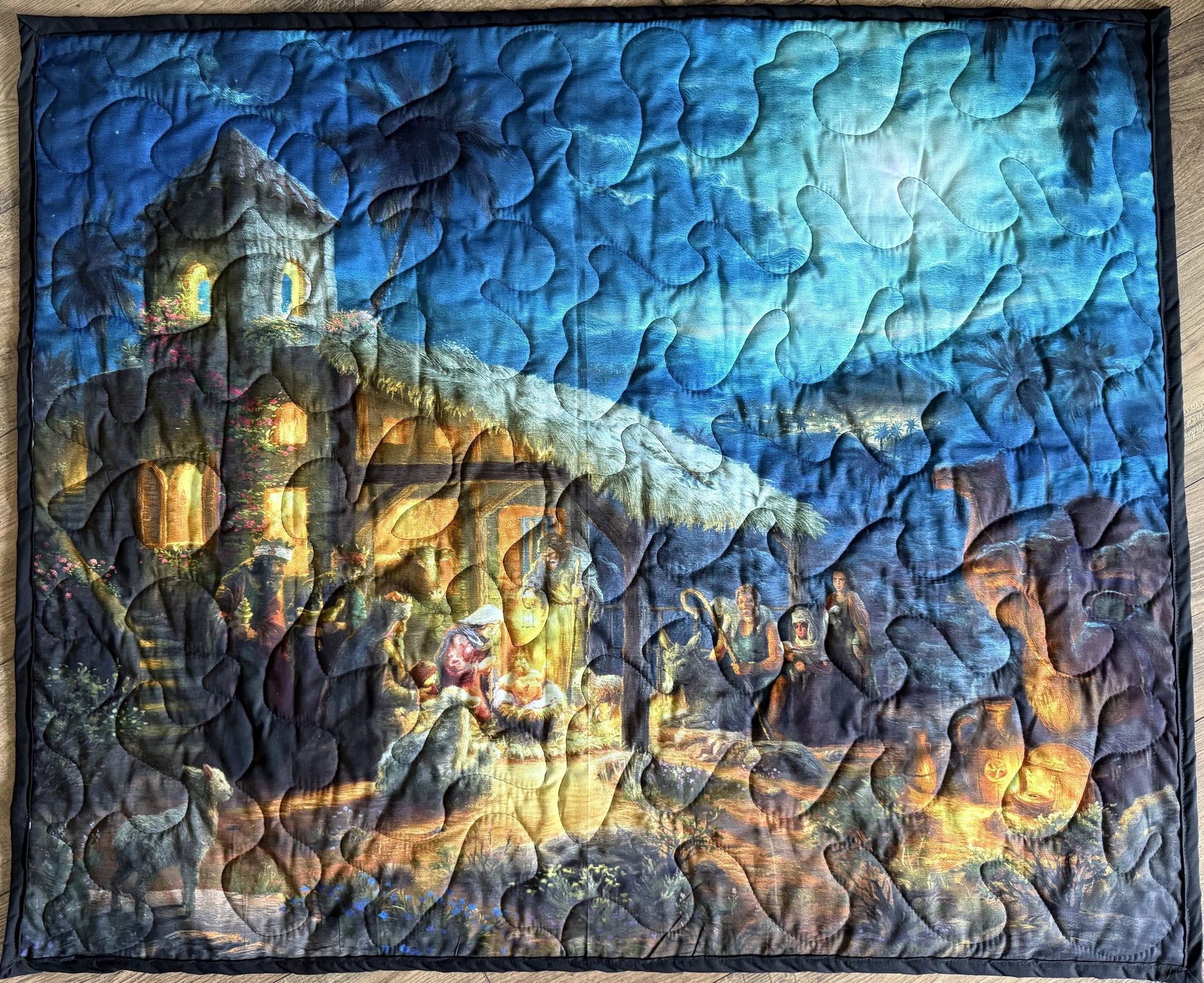 CHRISTMAS NATIVITY BABY JESUS IN A MANGER BY LANTERN LIGHT QUILTED BLANKET