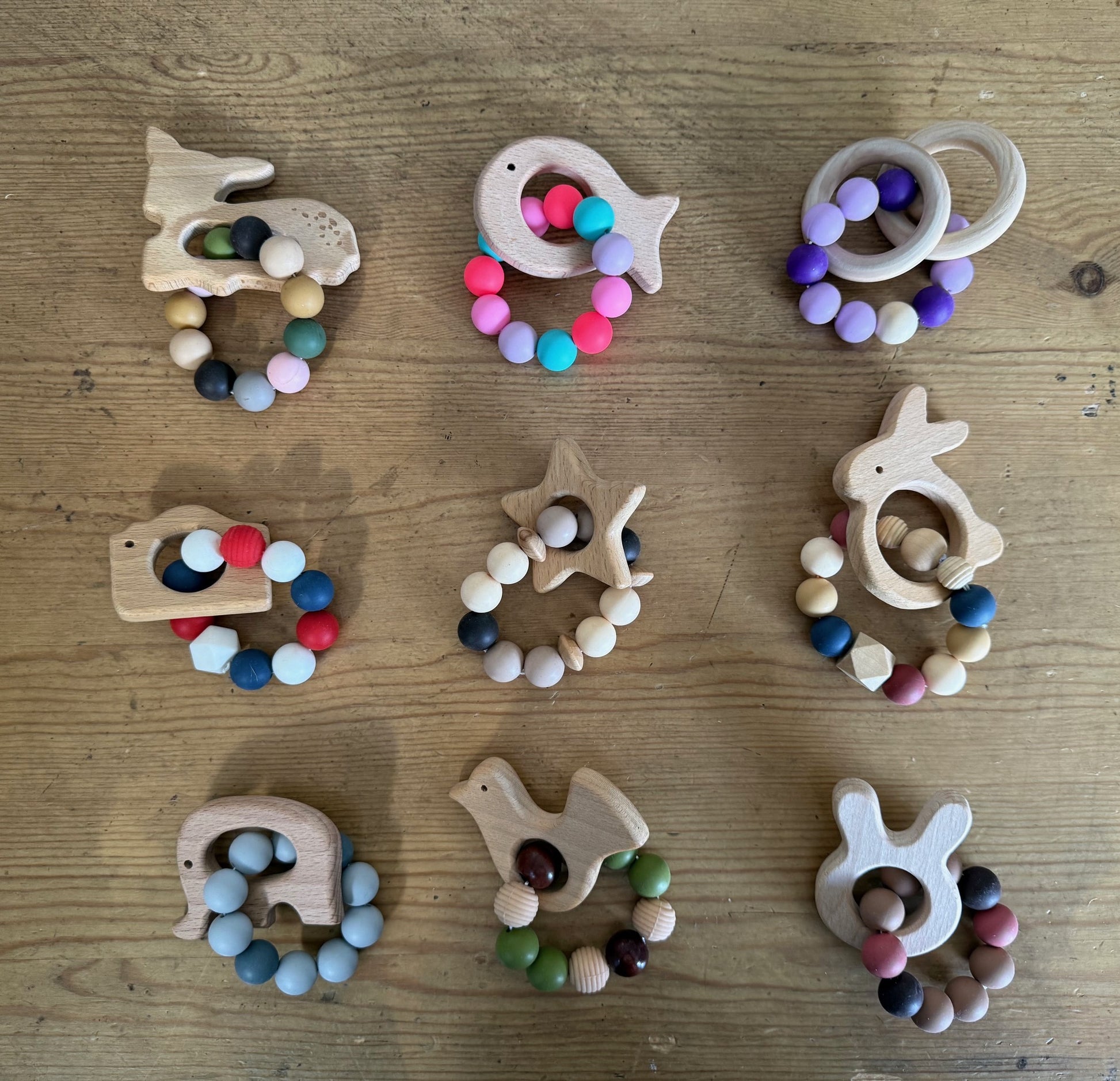 Baby Natural Wood Teethers DEER, FISH, CAMERA, STAR, RABBIT, ELEPHANT, BIRD, BUNNY EARS Sensory Toys