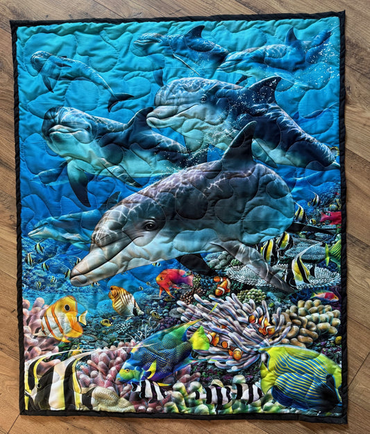 BEAUTIFUL DOLPHINS TROPICAL FISH REEF DIGITAL PRINT QUILTED BLANKET