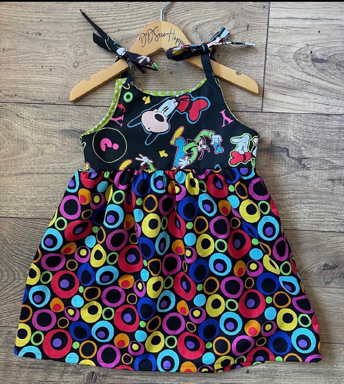 Girls and Toddlers GOOFY BEING GOOFY BRIGHT PRIMARY COLORS ON BLACK Boho Style Sundress