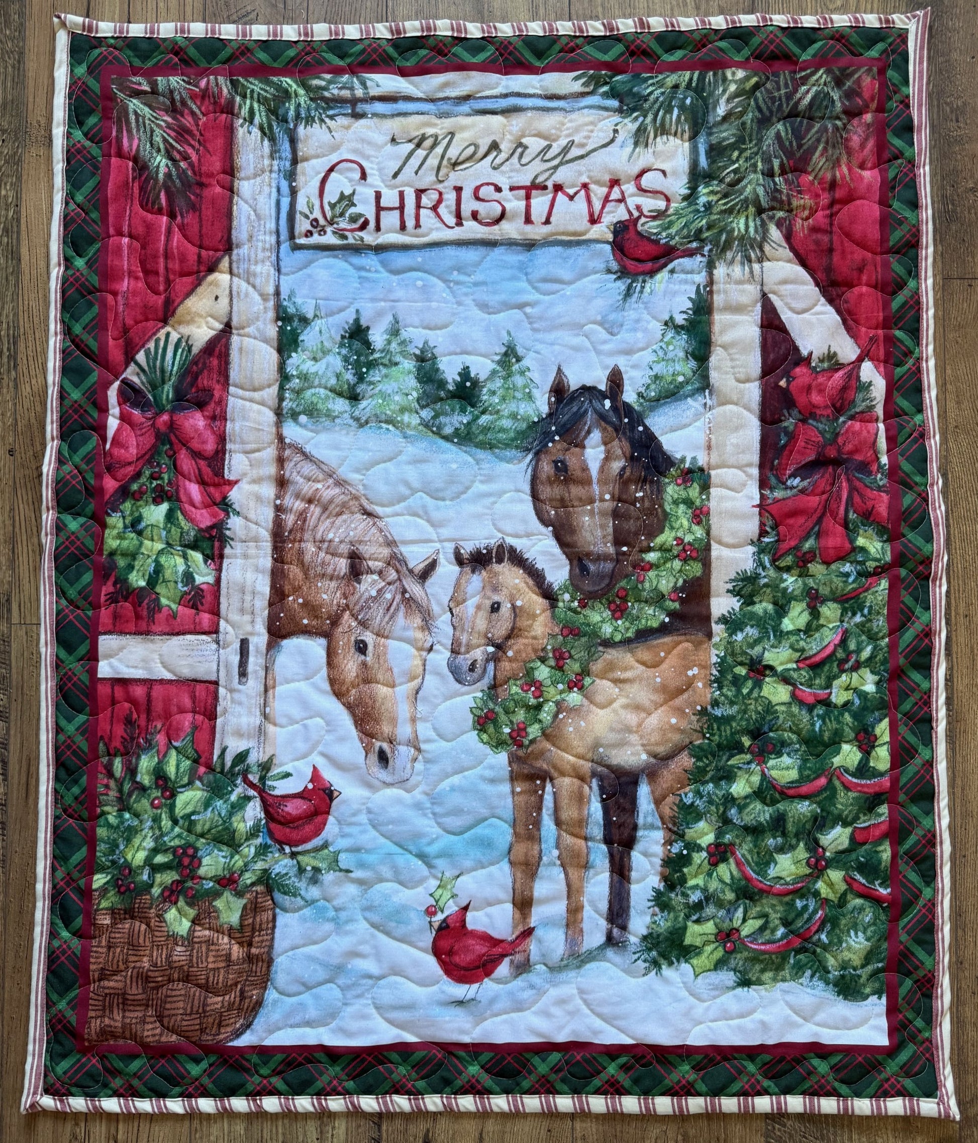MERRY CHRISTMAS BEAUTIFUL HORSES WITH WREATHS QUILTED BLANKET