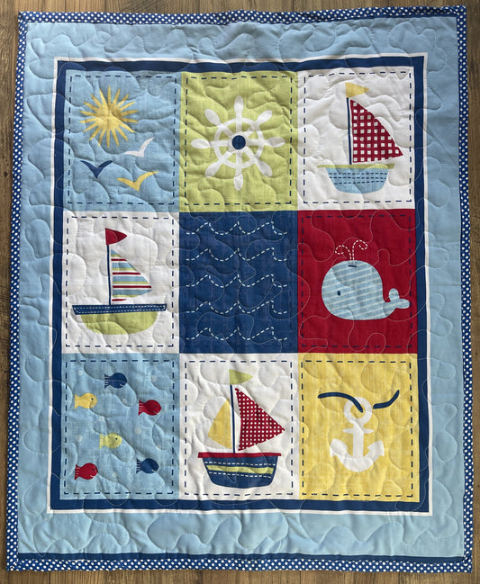 NAUTICAL THEME WHALE, SAILBOATS, ANCHOR QUILTED BLANKET