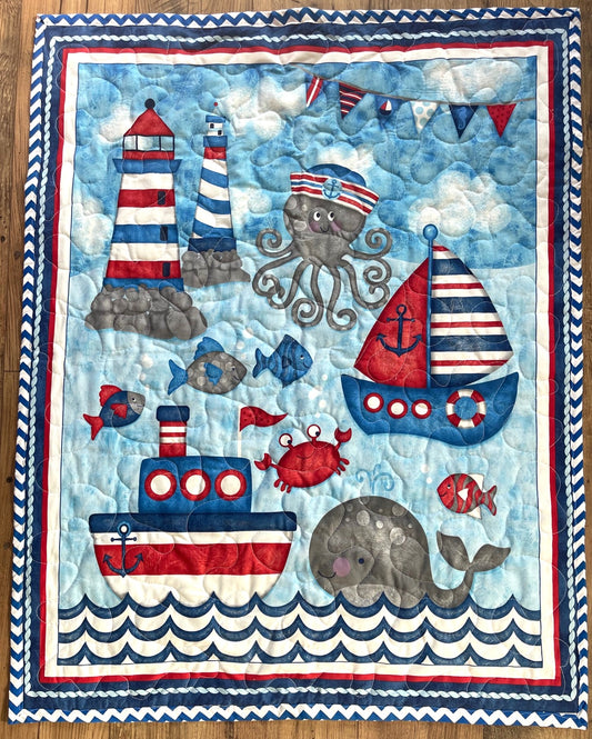 NAUTICAL USA THEME SEA ANIMALS, LIGHTHOUSE, SAILBOAT QUILTED BLANKET