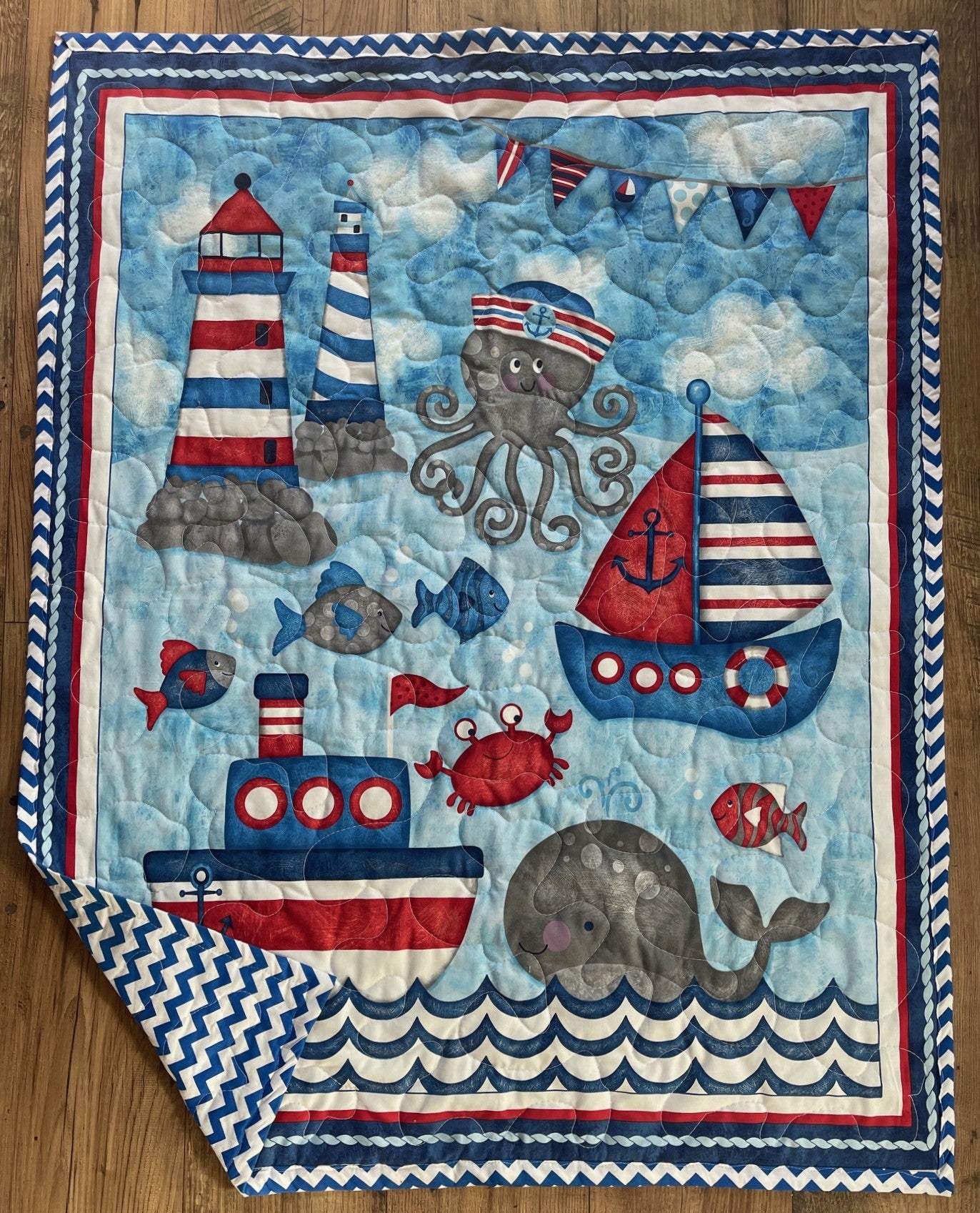 NAUTICAL USA THEME SEA ANIMALS, LIGHTHOUSE, SAILBOAT QUILTED BLANKET