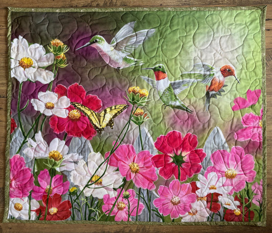 BEAUTIFUL FLORAL, HUMMINGBIRDS & BUTTERFLY COSMO GARDEN QUILTED BLANKET WALLHANGING