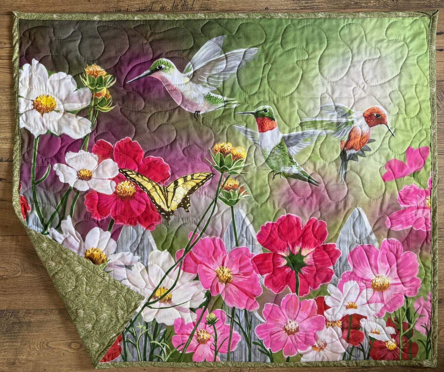 BEAUTIFUL FLORAL, HUMMINGBIRDS & BUTTERFLY COSMO GARDEN QUILTED BLANKET WALLHANGING