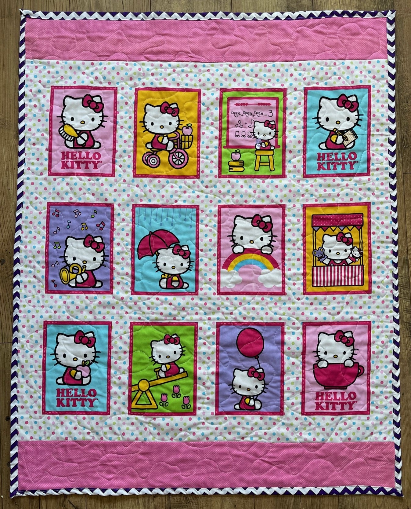 HELLO KITTY STORY BLOCKS INSPIRED QUILTED BLANKET 1 AVAILABLE