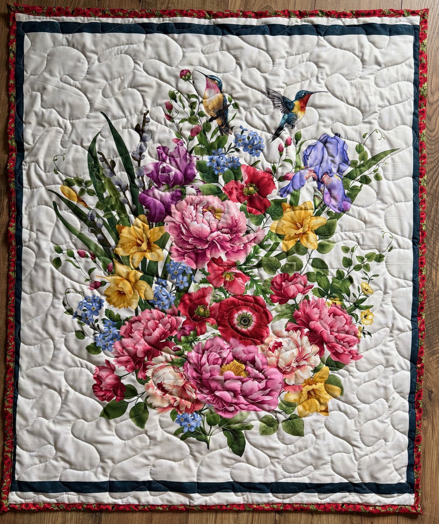BEAUTIFUL FLORAL, HUMMINGBIRDS FLOWER GARDEN BOUQUET QUILTED BLANKET