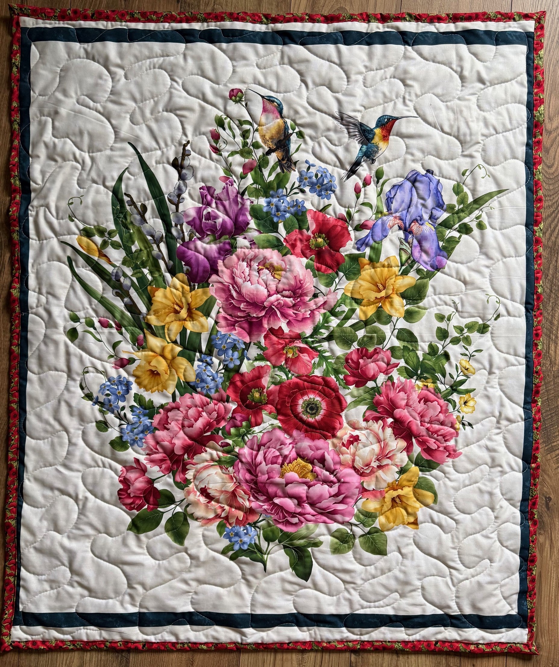 BEAUTIFUL FLORAL, HUMMINGBIRDS FLOWER GARDEN BOUQUET QUILTED BLANKET