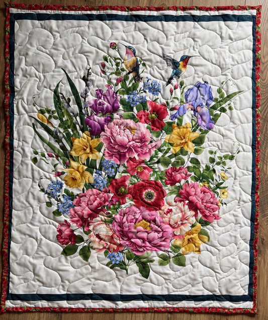 BEAUTIFUL FLORAL, HUMMINGBIRDS FLOWER GARDEN BOUQUET QUILTED BLANKET