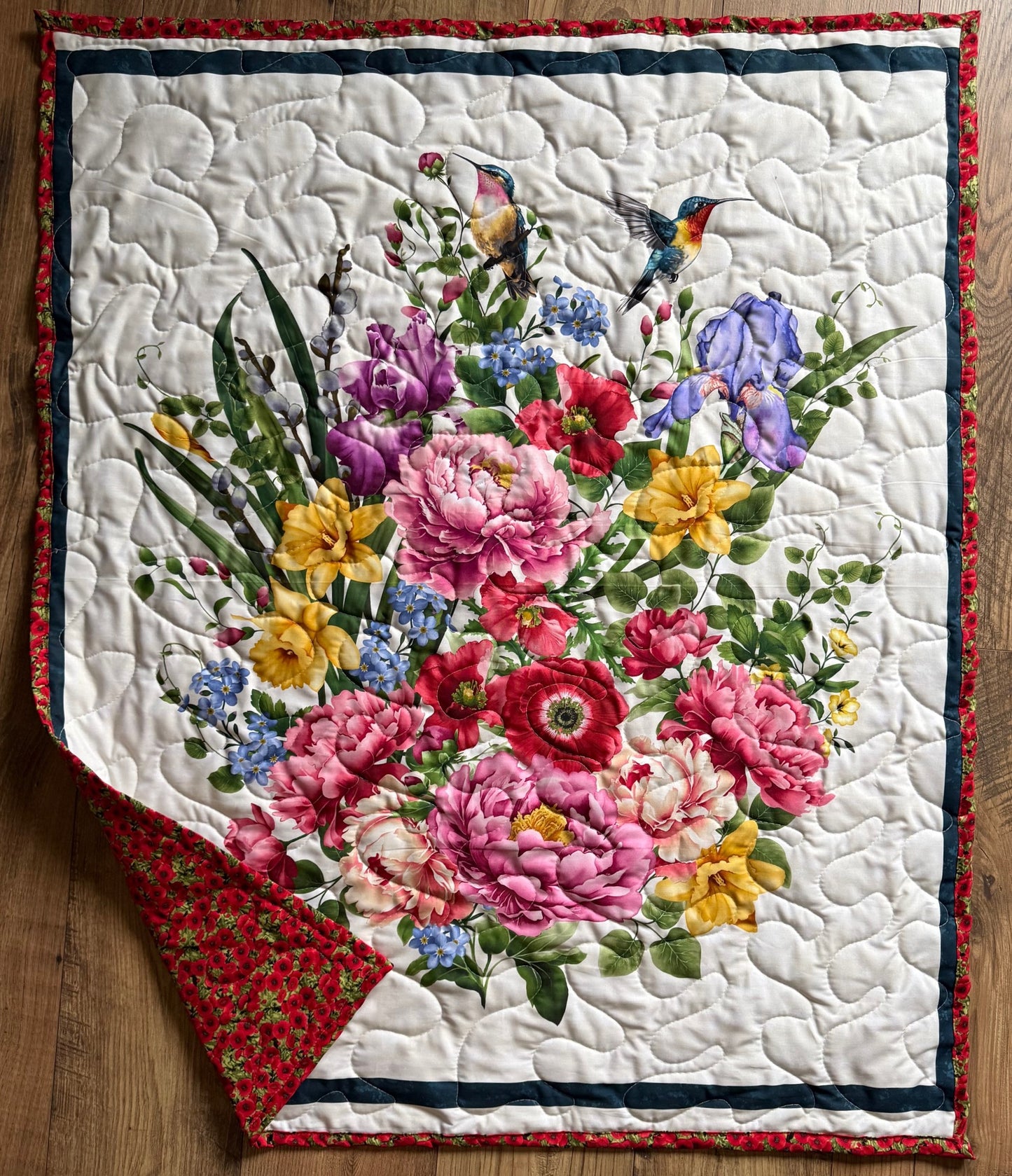 BEAUTIFUL FLORAL, HUMMINGBIRDS FLOWER GARDEN BOUQUET QUILTED BLANKET