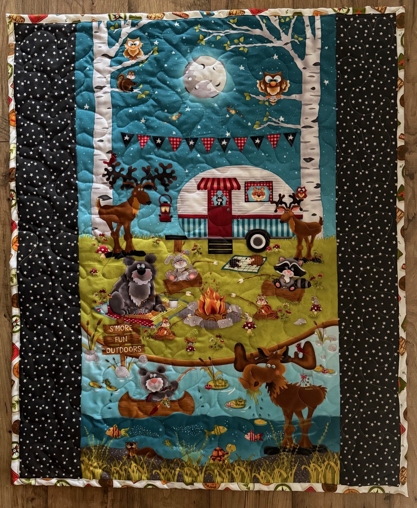 S'MORE FUN OUTDOORS CAMPING INSPIRED REVERSIBLE QUILTED BLANKET