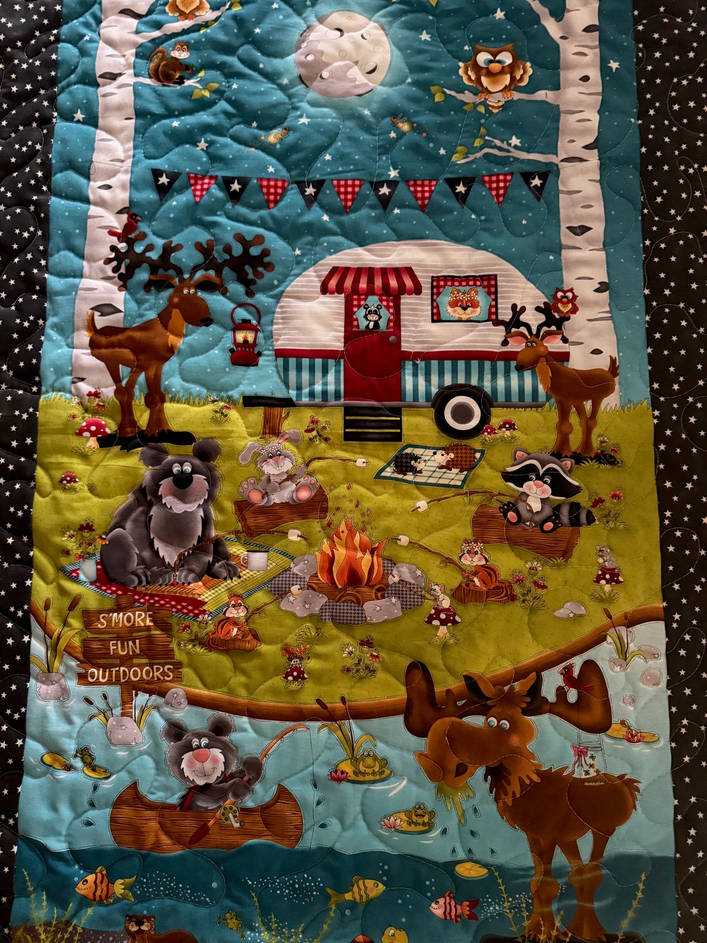 S'MORE FUN OUTDOORS CAMPING INSPIRED REVERSIBLE QUILTED BLANKET