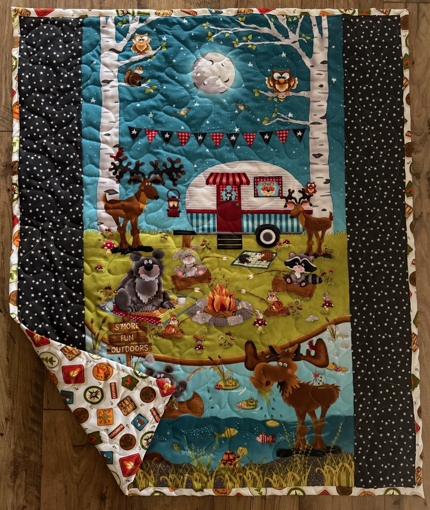 S'MORE FUN OUTDOORS CAMPING INSPIRED REVERSIBLE QUILTED BLANKET