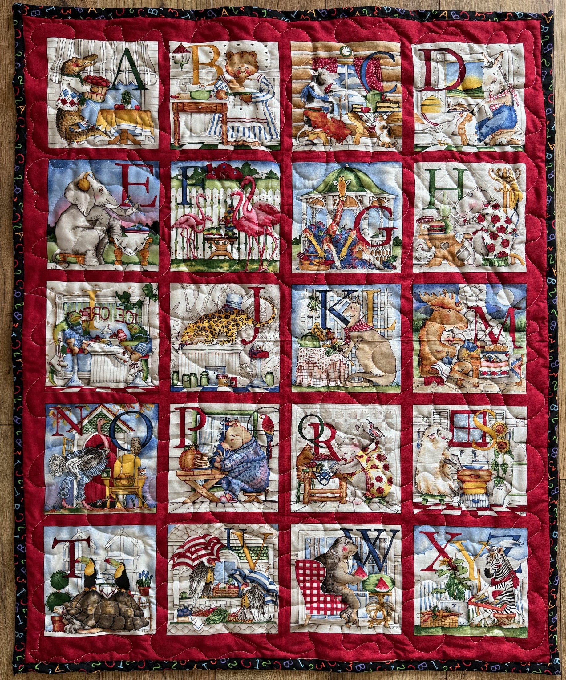 ABC Alphabet Animals Blocks Vintage Handmade Quilted Blanket