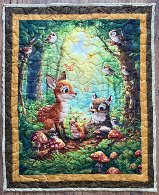 WOODSY FOREST ANIMALS DEERS, SQUIRRELS, OWL IN NATURE Quilted Blanket