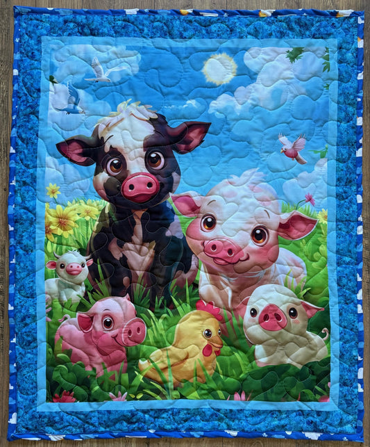 HAPPY FARM ANIMALS COWS, PIGS, CHICKEN Quilted Blanket