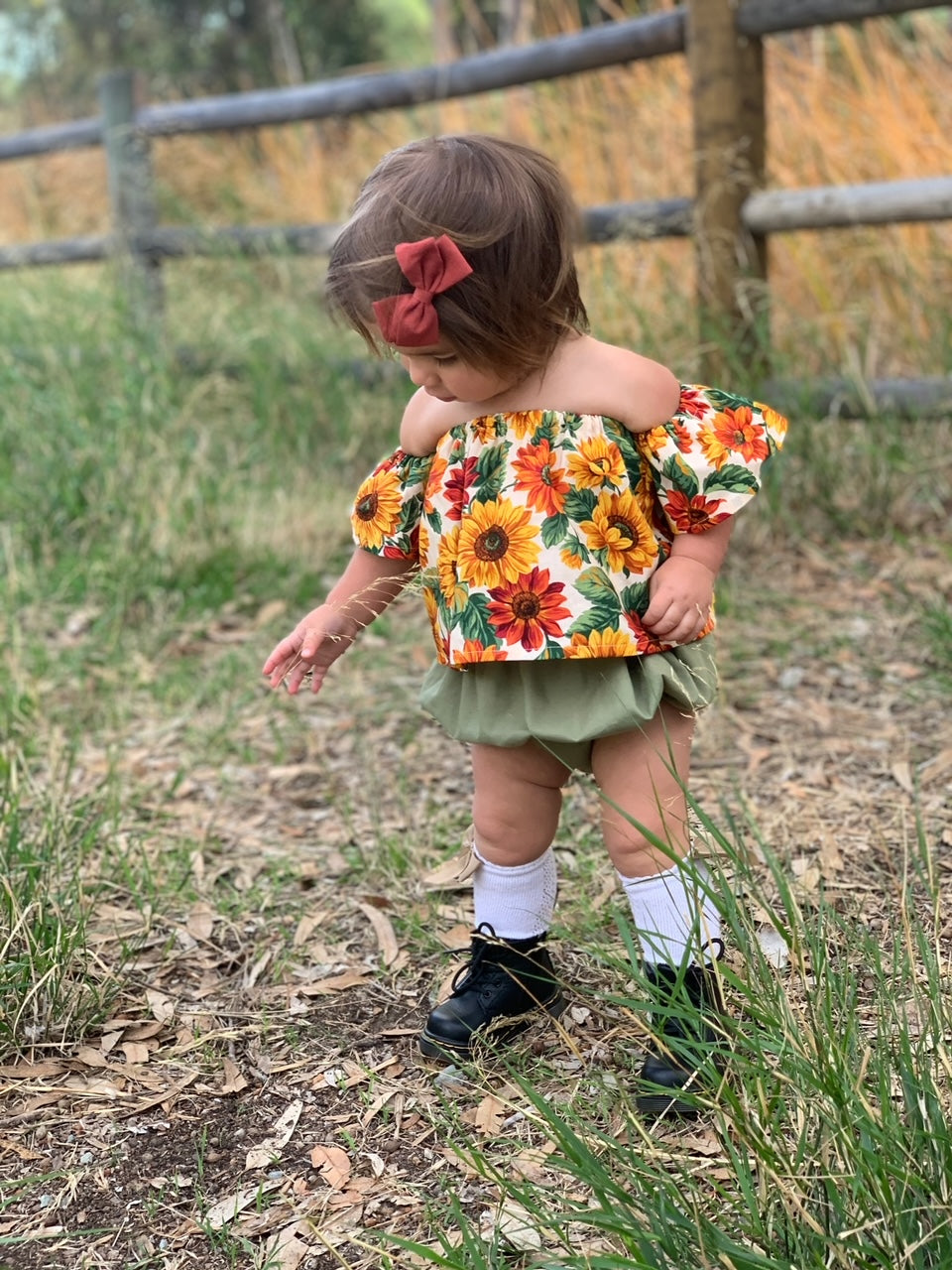 SALE Girls Infant Toddler SUNFLOWERS Boho Style Off the Shoulder with flutter short sleeves