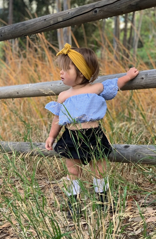 SALE Girls Infant Toddler Country Light Blue & White Gingham Check Boho Style Off the Shoulder Top with flutter short sleeves