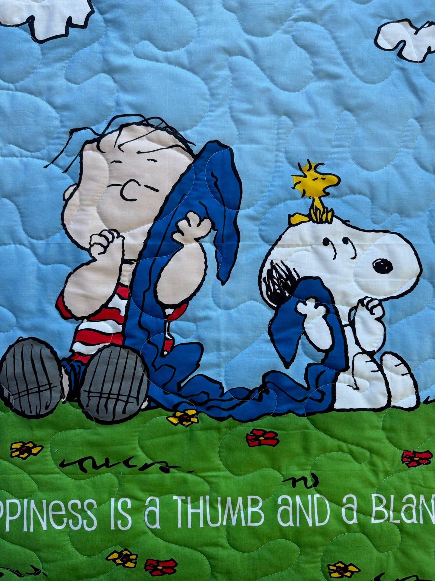 PEANUTS LINUS, SNOOPY & WOODSTOCK *HAPPINESS ISA THUMB AND A BLANKET* Inspired Quilted Blanket