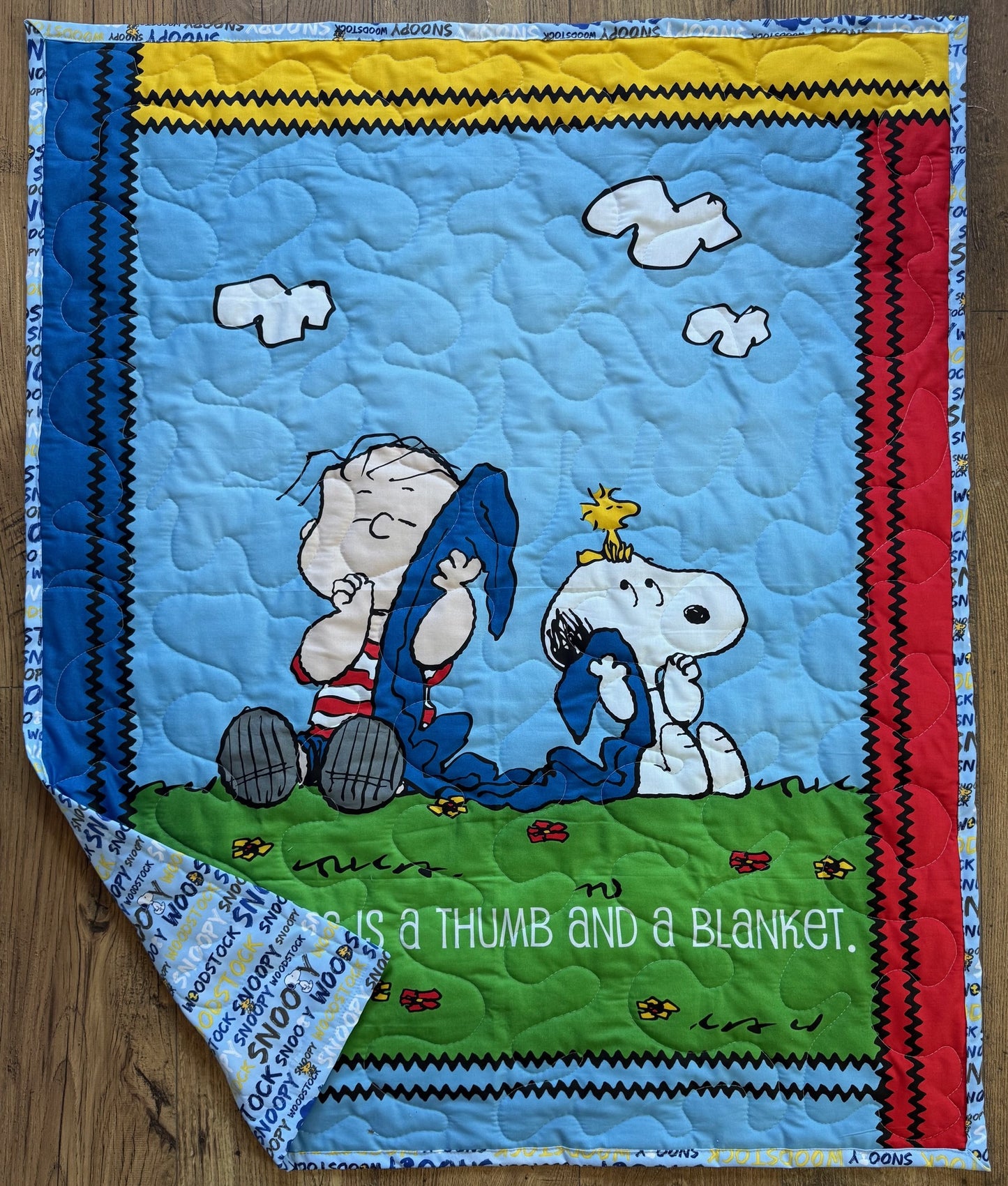 PEANUTS LINUS, SNOOPY & WOODSTOCK *HAPPINESS ISA THUMB AND A BLANKET* Inspired Quilted Blanket
