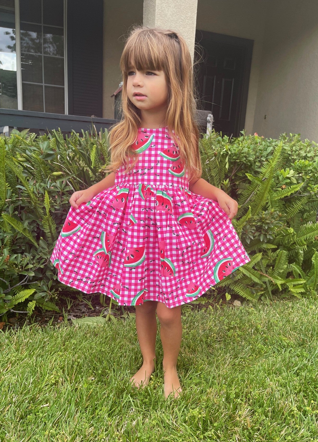 Girls Infant Watermelon picnic with ants red checked Boho Sundress Dress tie back style