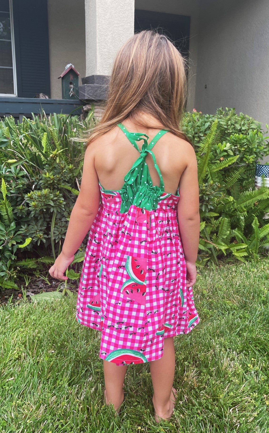 Girls Infant Watermelon picnic with ants red checked Boho Sundress Dress tie back style